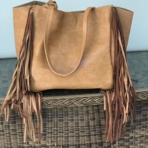 Faux Leather Fringe Bag with Pouchette